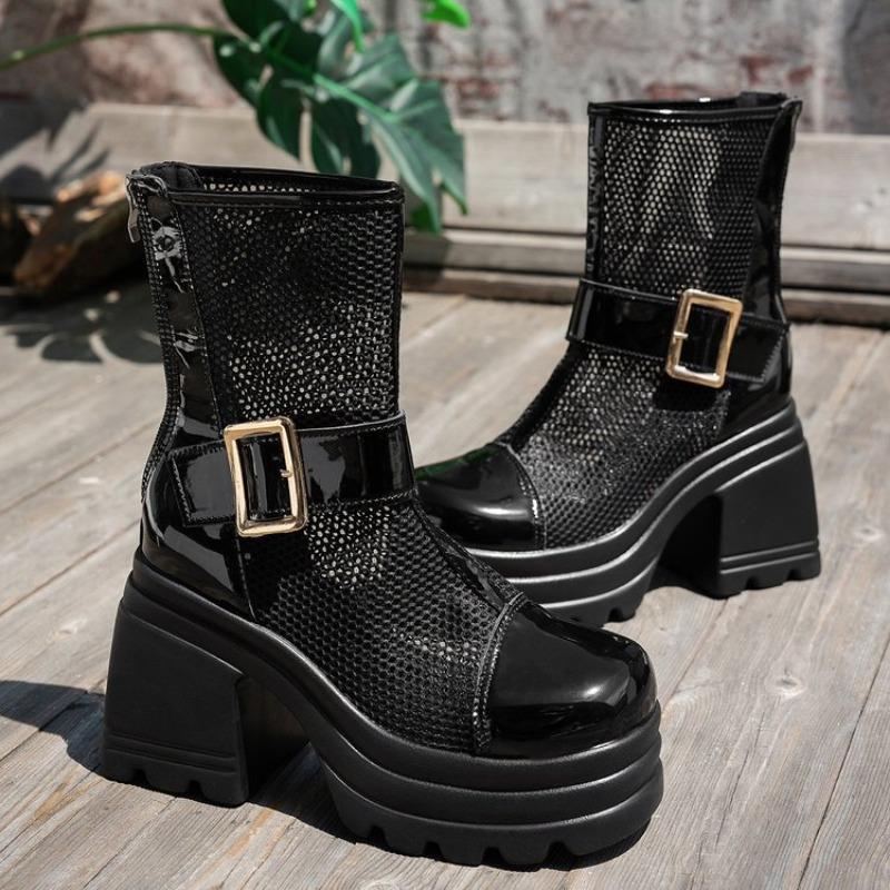 Back Zip Platform Square Heel Sandals Summer New Round Toe Paneled Mesh Metal Buckle Non-Slip Shorthole Boots