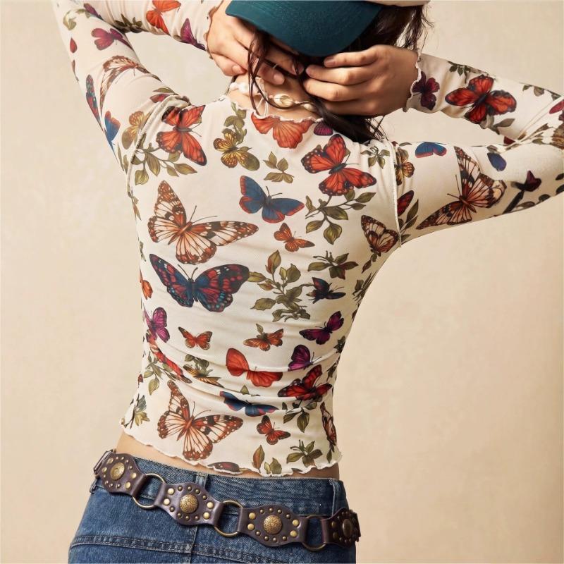 Butterfly Print Mesh Mock Neck Slim Fit Long Sleeve Top