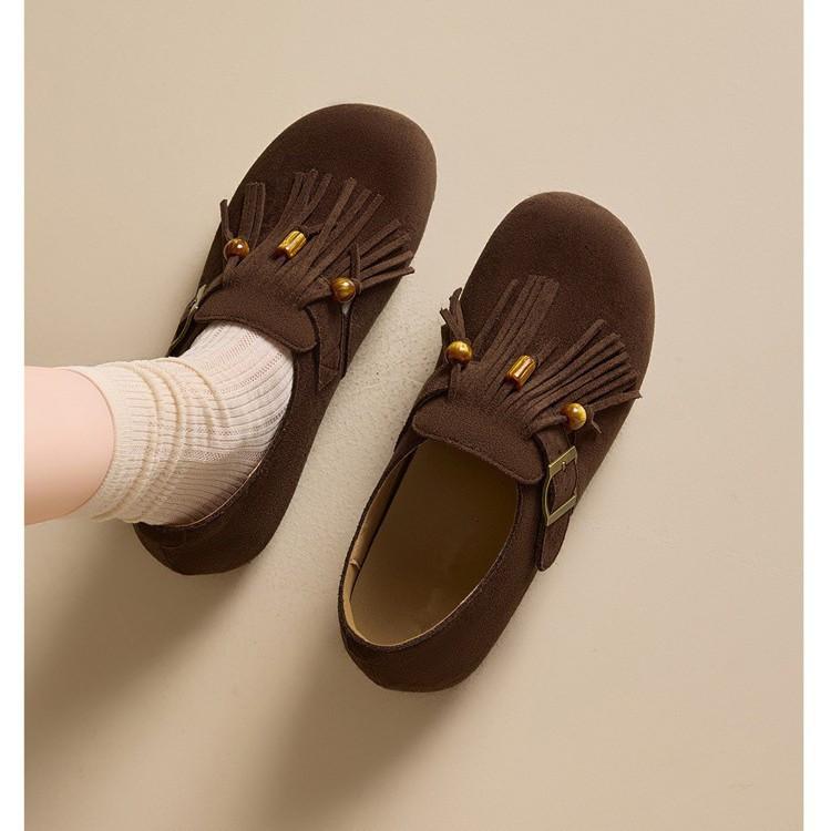 Flat Bottom One Pedal Fringed Shoes Women Wear Spring and Summer Retro Mori Bag Head Half Drag Muller Single Shoes Good-looking Versatile Women