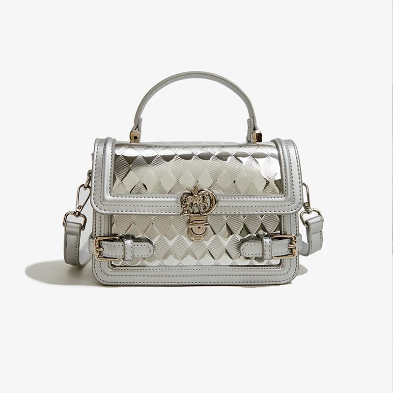 

Модные женские сумки через плечо из искусственной кожи с клапаном, роскошные серебряные сумки через плечо, женские сумки с ромбовидной решеткой во французском стиле