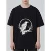 Black T Shirt with White Raven On Branch and Circle Design for Casual Wear