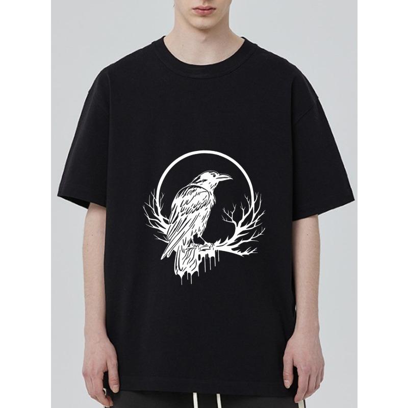 Black T Shirt with White Raven on Branch and Circle Design for Casual Wear