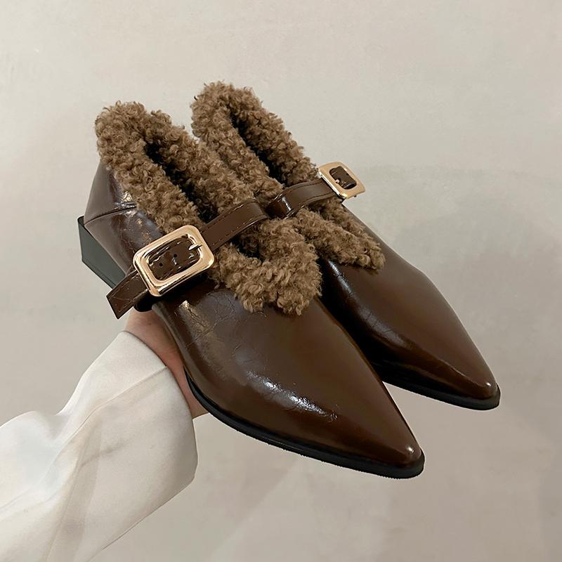 

Модная осенняя обувь Мэри Джейн из пушистого меха для женщин, элегантная обувь с острым носком и низким каблуком, женская уличная удобная теплая кожаная обувь 35 коричневый