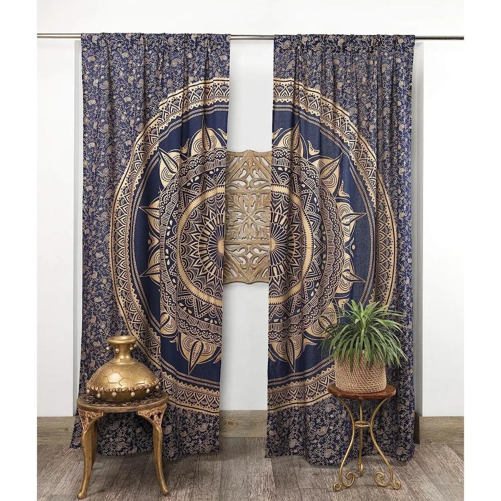 3D Print Black and Gold Hippy Mandala Curtain 2 Pieces Free Shipping Thin Curtains Room Bohemian Decoration Bedroom Living Room