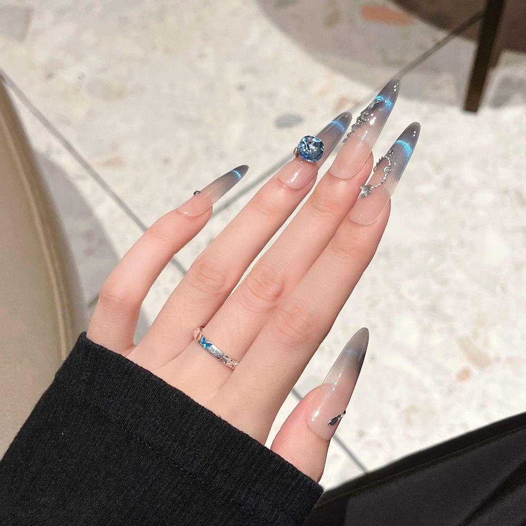 Dark Blue Cat Eye Wearable Nails - Long, Thin, Removable Fake Nail Stickers, Finished Handmade Design (2026 Edition)