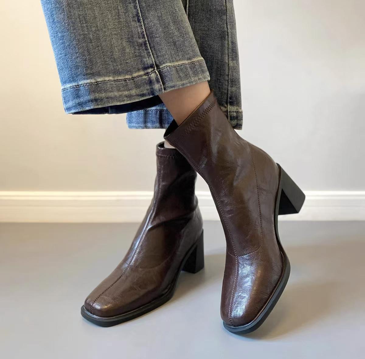 

Женские ботильоны на высоком каблуке, модные туфли из мягкой кожи с квадратным носком, зимняя модная офисная обувь, элегантные туфли-лодочки для вечеринок, Botas Mujer 38