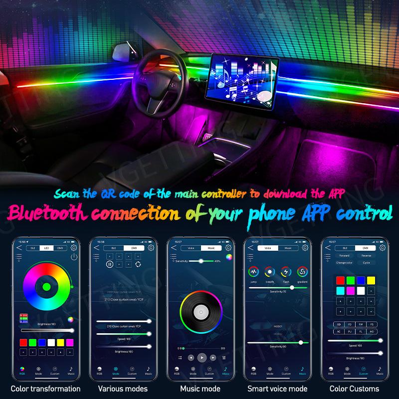 Lumini ambientale pentru mașină Streamer plin de culoare RGB 64 de culori Universal LED Interior Ascuns bandă acrilică Symphony Atmosferă Lampă