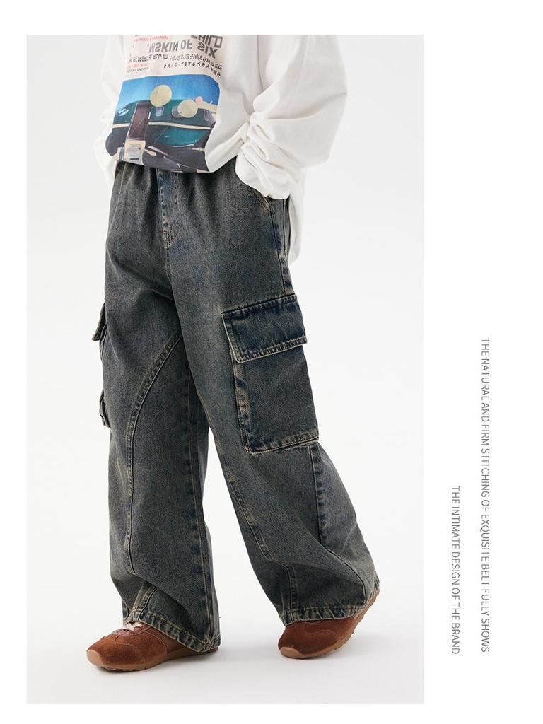 2025 Autumn Kids' Retro Pocket Patchwork Wide-Leg Jeans