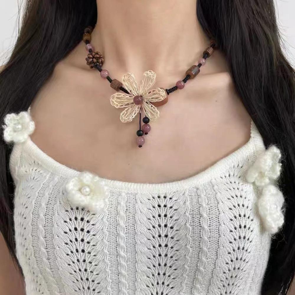 Bohemia White Hollowed-out Five-petal Flower Pendant Wooden Beads Black Rope Woven Necklace for Women Jewelry Two Ways To Wear