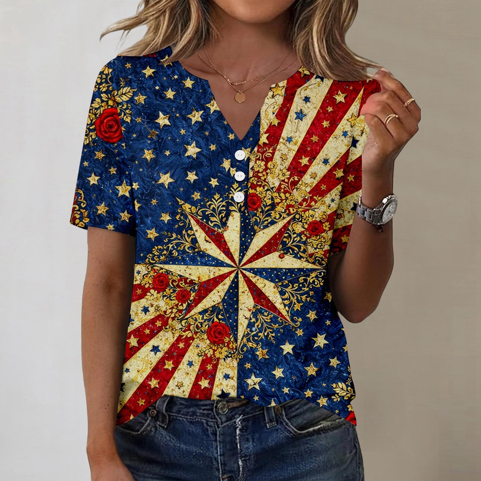 Women s fashionable casual short-sleeved Independence Day print V-neck top L