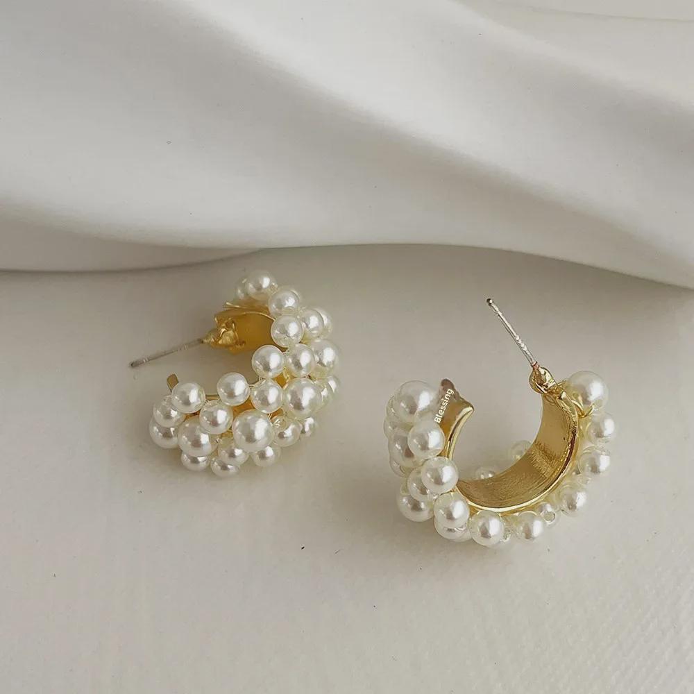 Dongdaemun C-Shaped Pearl Earrings, S925 Silver Needle, Retro Simple Design