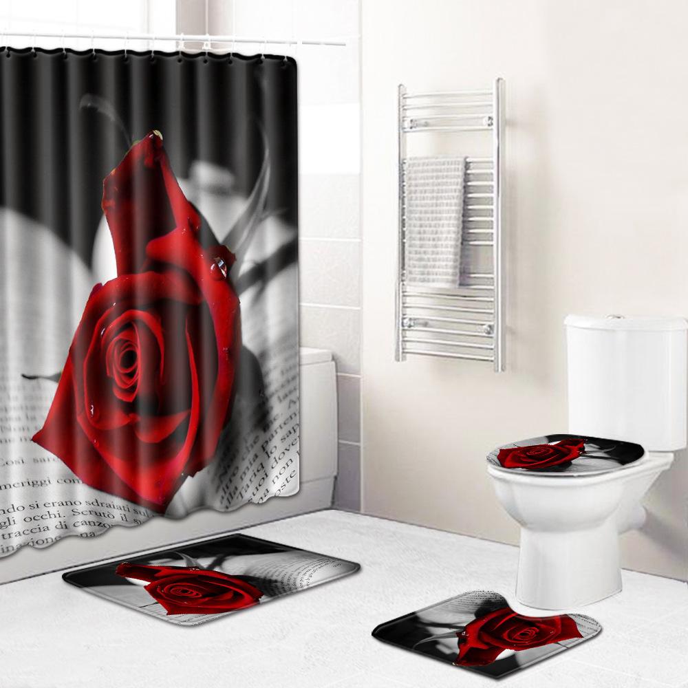 Home Waterproof Print Shower Curtain 4 Piece Carpet Cover Toilet Cover Bath Mat Pad Set Bathroom Curtain Bathroom Decoration