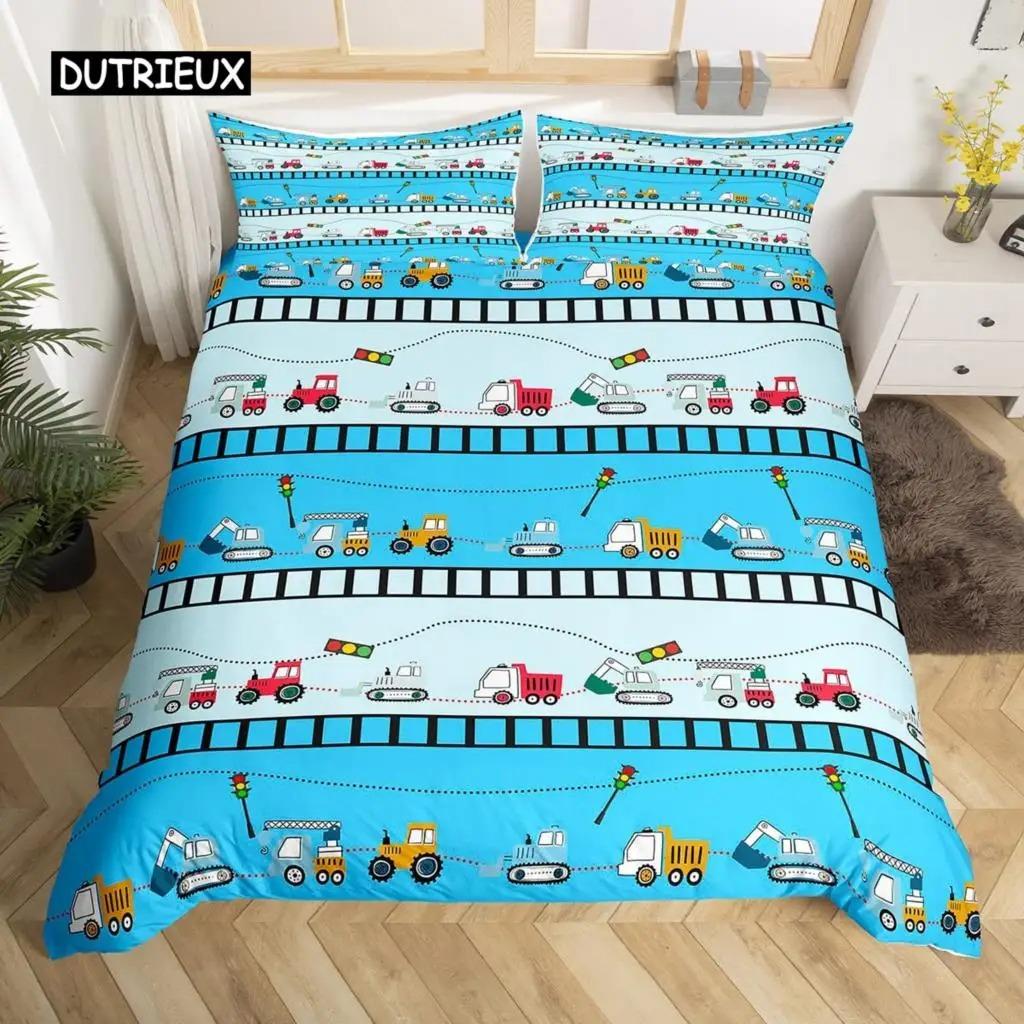 Kids Equipment Trucks Duvet Cover King Boys Cartoon Car Bedding Set Construction Highway Comforter Cover Set