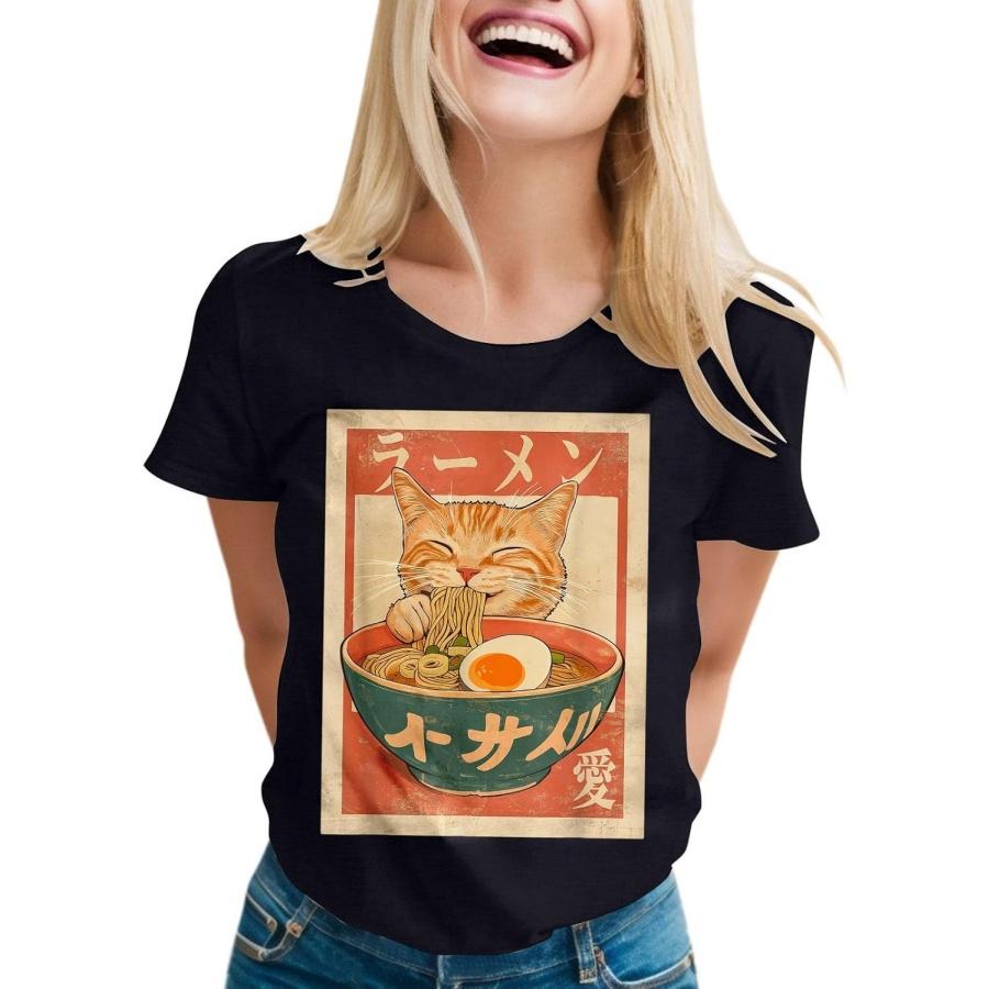 Womens Summer Tops Womens Tops and Blouses Cat Ramen Funny Graphic Tees Cat Anime T Shirt Summer Shirt for Women S