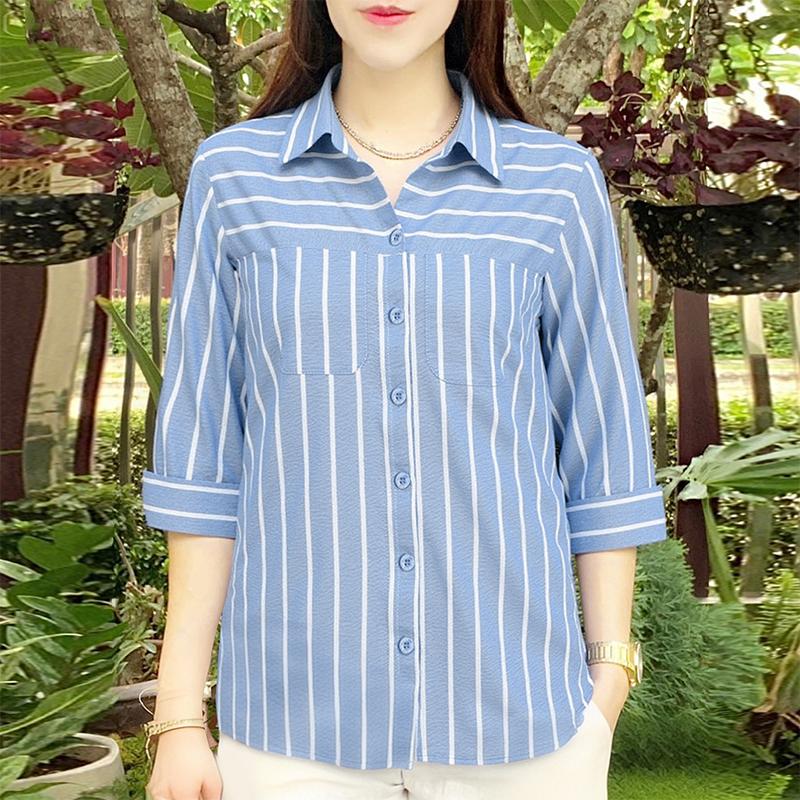 ZANZEA Women Turn Down Collar Loose 3/4 Sleeve Stripe Blouse