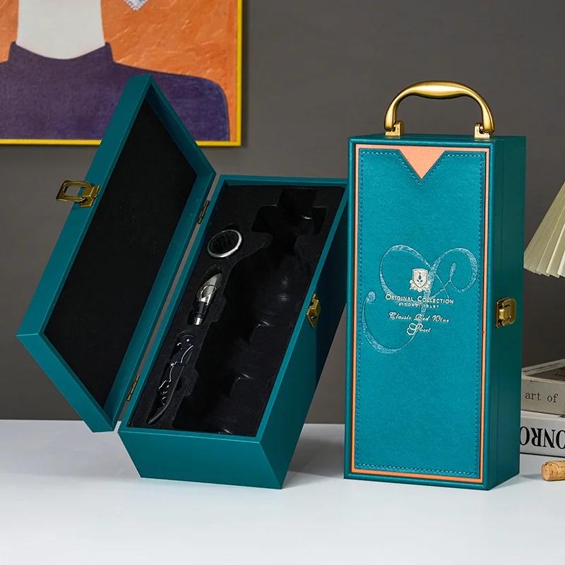 Single/Double Leather Box Wine Bottle Box Luxury Handle Wooden Organizer Gift Wood Wine Holder for 2 Red Wine Packaging