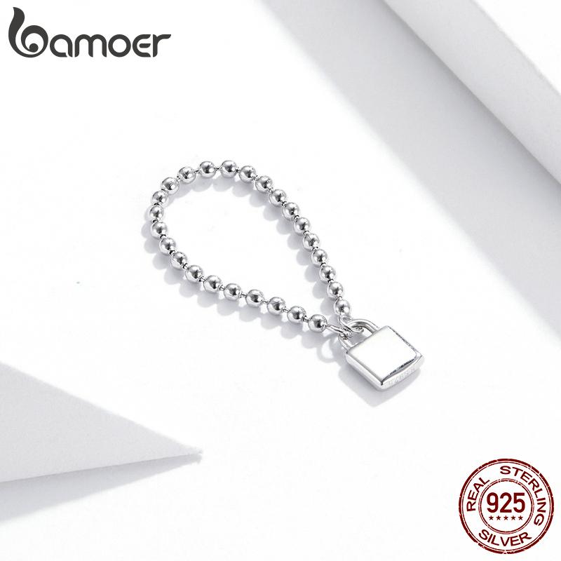 BAMOER 925 Sterling Silver Classic Small Chain of Locks Ring Women Statement Rings