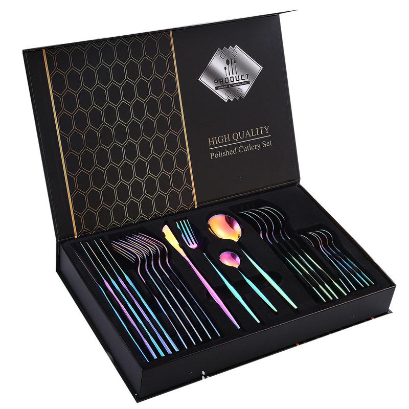 Set di posate da 24 pezzi in acciaio inossidabile con scatola regalo nera per ristoranti portoghesi - Include forchette e cucchiai