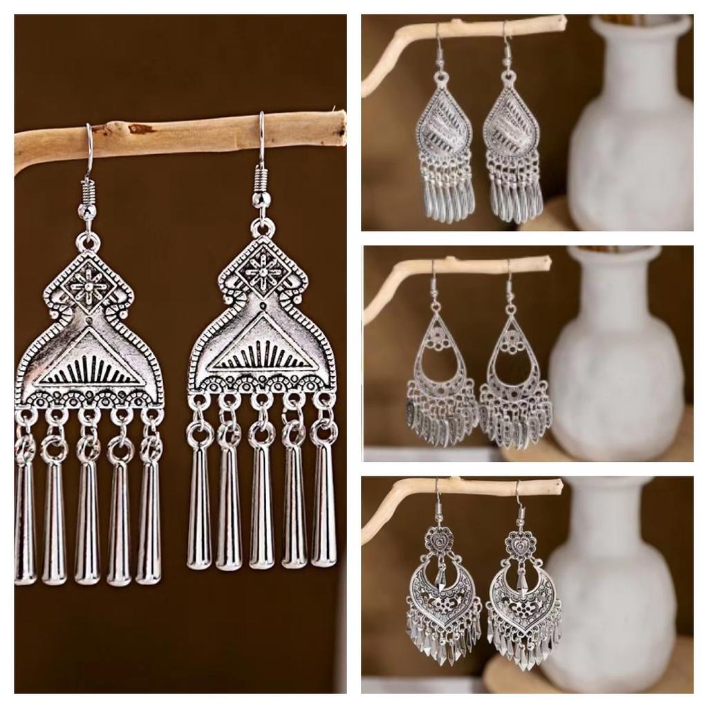 Retro Ethnic Style Source Earrings Muse Fan Literary Temperament Ear Hook Tassel Metal Pendant Earrings