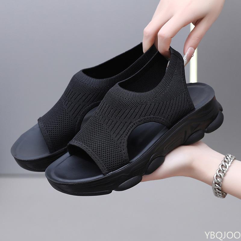

Летние новые спортивные сандалии на толстой подошве из ткани, повседневные, для улицы, на танкетке с открытым носком, эластичная манжета, женская обувь 38 чёрный