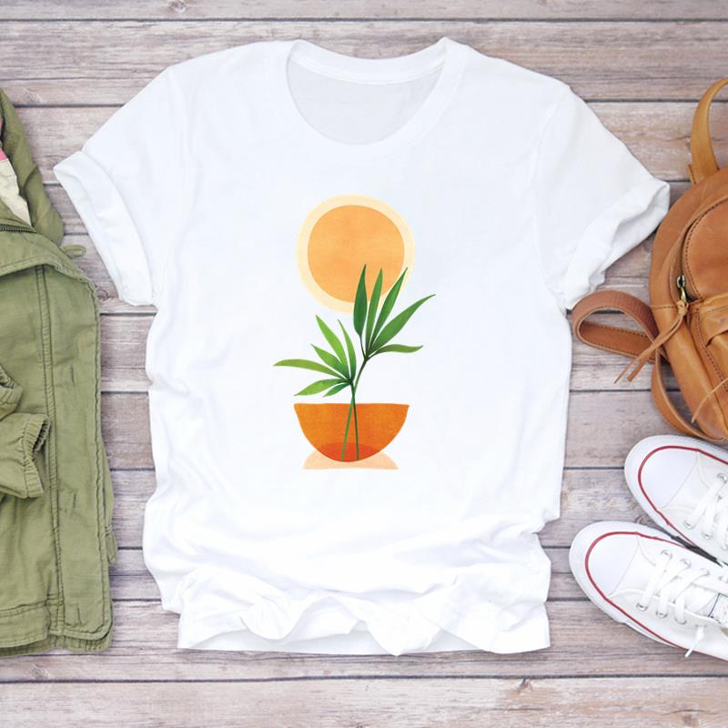 (European Size)90s Women Print Lady Female Plant Sweet Watercolor Style Tee Top Fashion T Shirt Clothing Casual Short Sleeve Graphic T-shirt