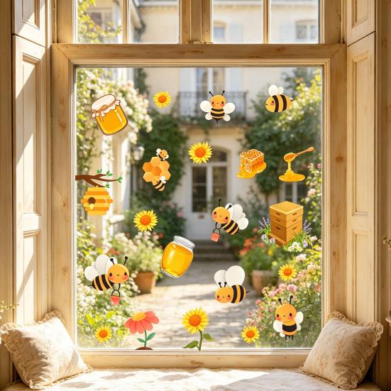 Spring Summer Bee Window Clings Honey Bee Static Glass Stickers Sunflower Honeypot Bee Removable Decals for Home Party Shop Glass Decor