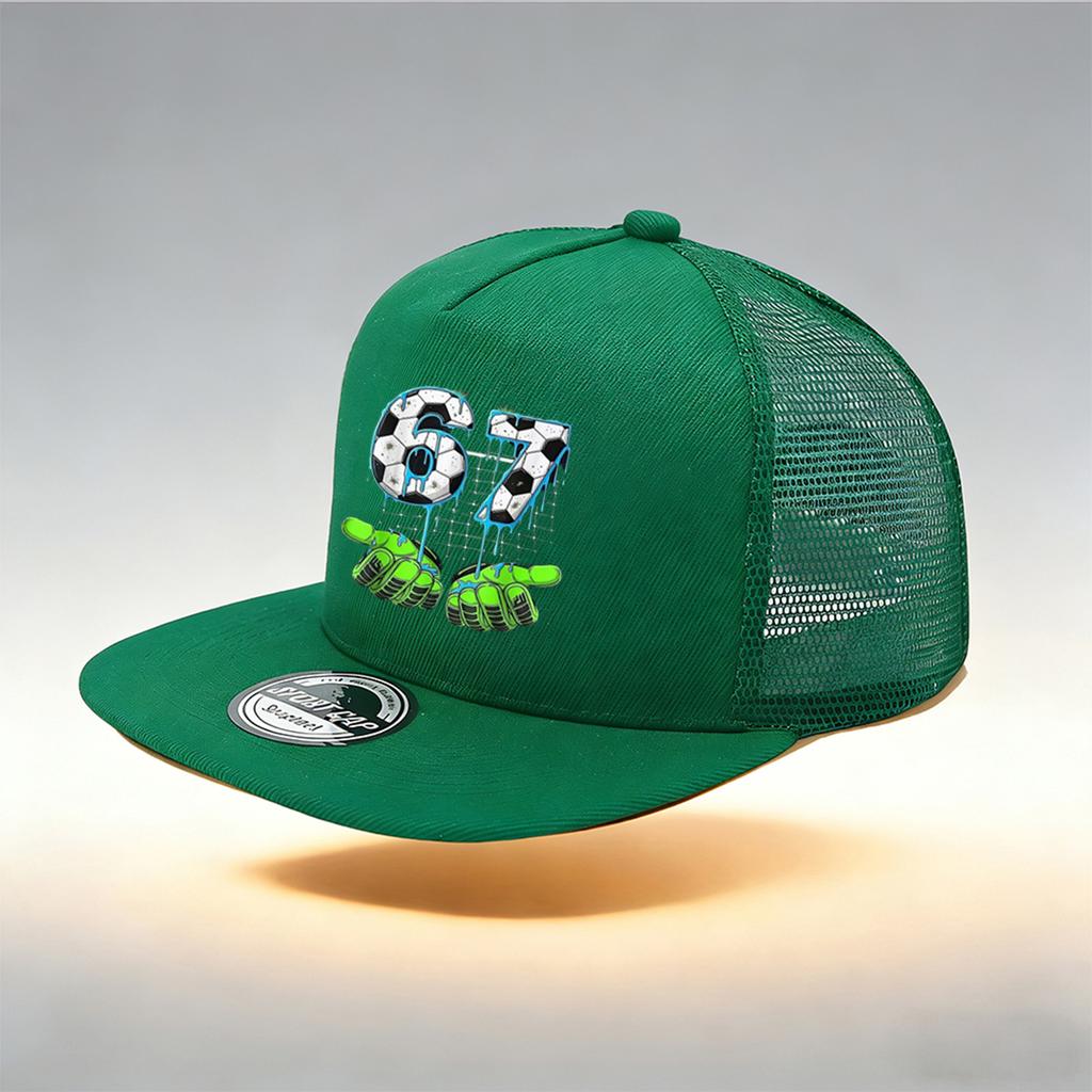 1/2PC Y2KSoccer 67 Flat Brim Trucker Hat, Melting Drip Gloves Print, Breathable Mesh, Sporty Aesthetic Cap