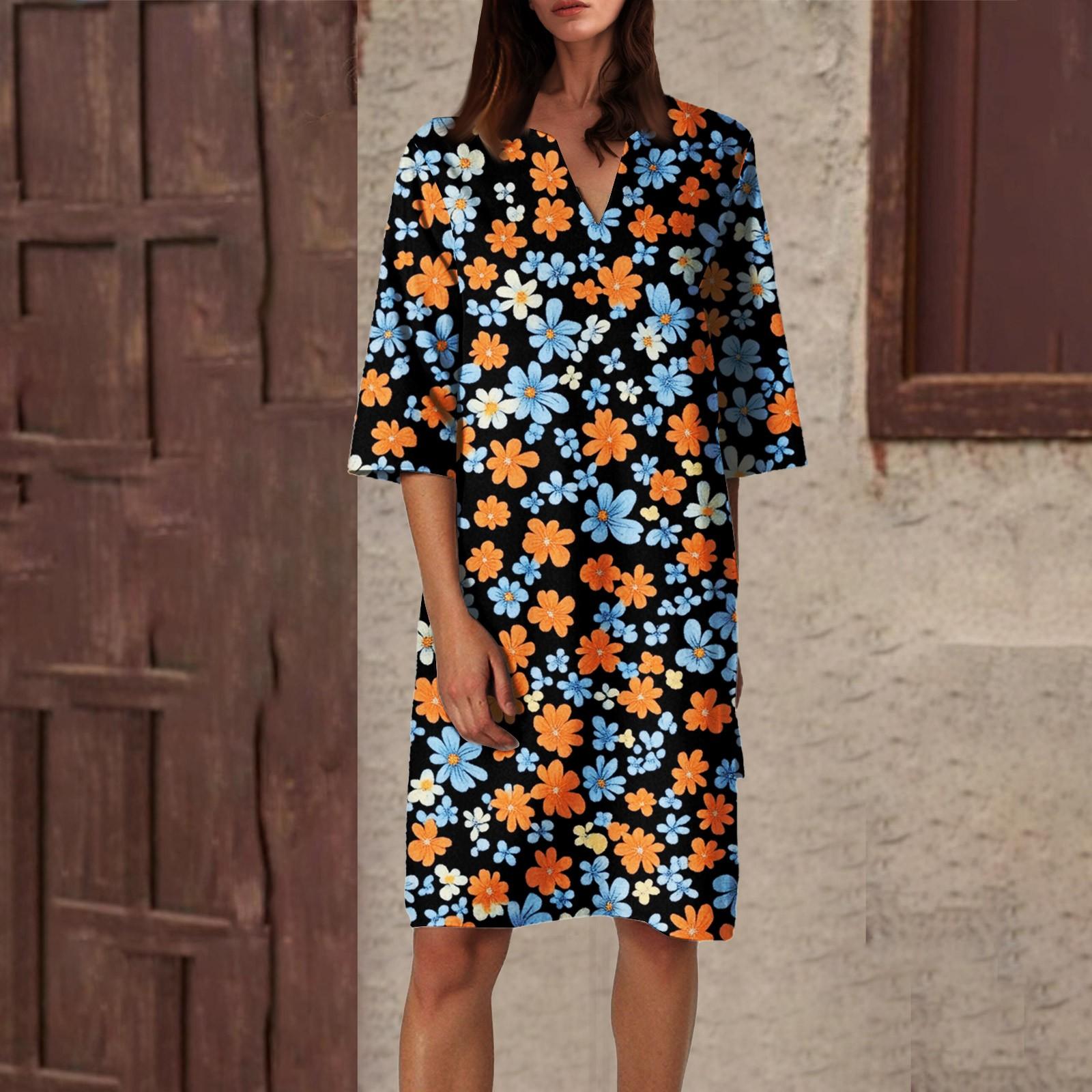 

Женское летнее платье с ретро-цветочным принтом, V-образным вырезом и короткими рукавами, легкое дышащее платье M белый