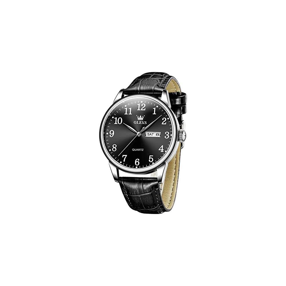 OLEVS Men s Quartz Watch Black Analog Large Dial Leather Strap Waterproof Business Date Day Fashion Silver