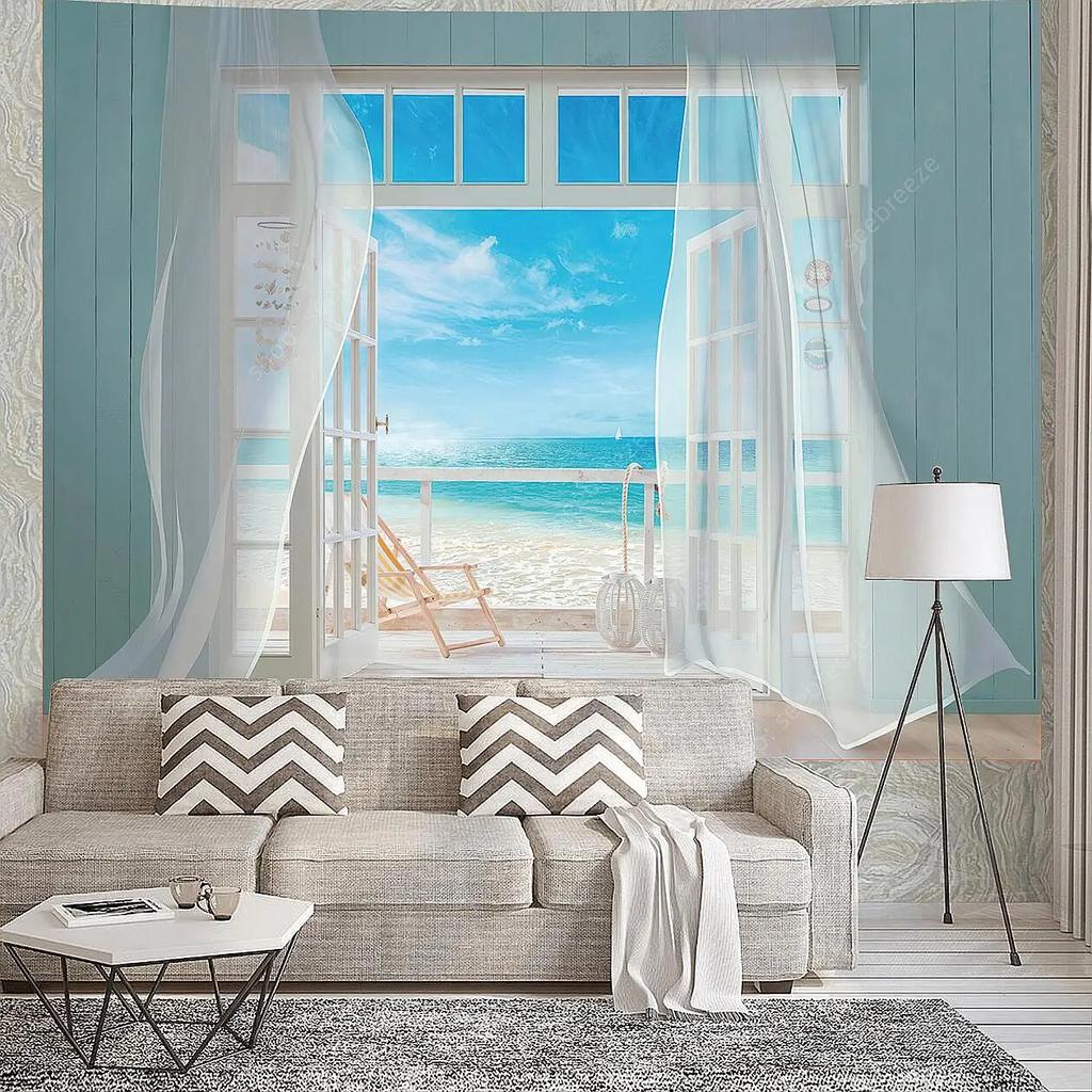 Imitation 3D Window Landscape Tapestry Wall Hanging Sunshine Beach Moonlit Night Wall Tapestry Art Home Decor Curtain Blanket