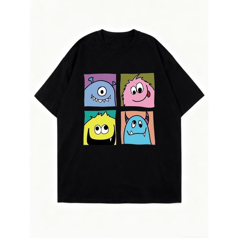 Oversized T Shirt Black Cartoon Monsters Print For Casual Wear And Everyday Style