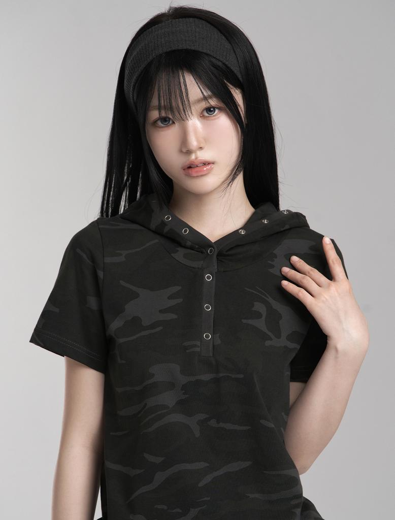 Lupeu Camo Snap Button Slim Short Sleeve Hoodie Charcoal