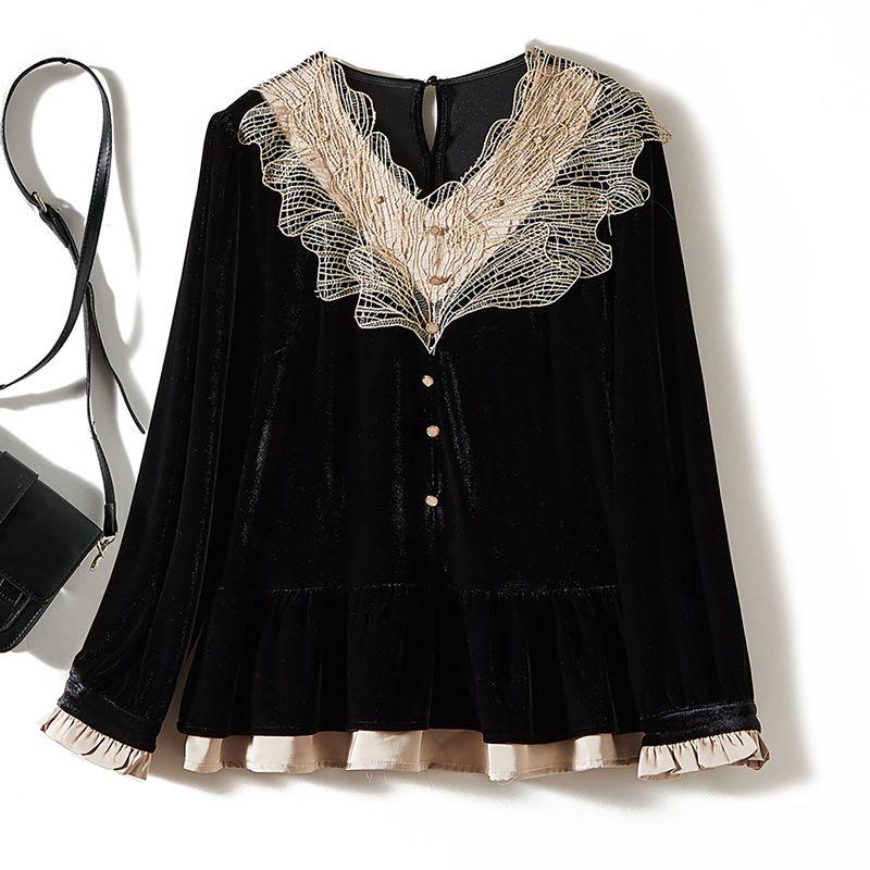 

Lace Collar! Beautiful Women s Long Sleeve Fake Two-Piece Non-Inverted Velvet Pleuche Shirt Spring & Fall Winter Bandage Dress Bottoming Shirt Black L