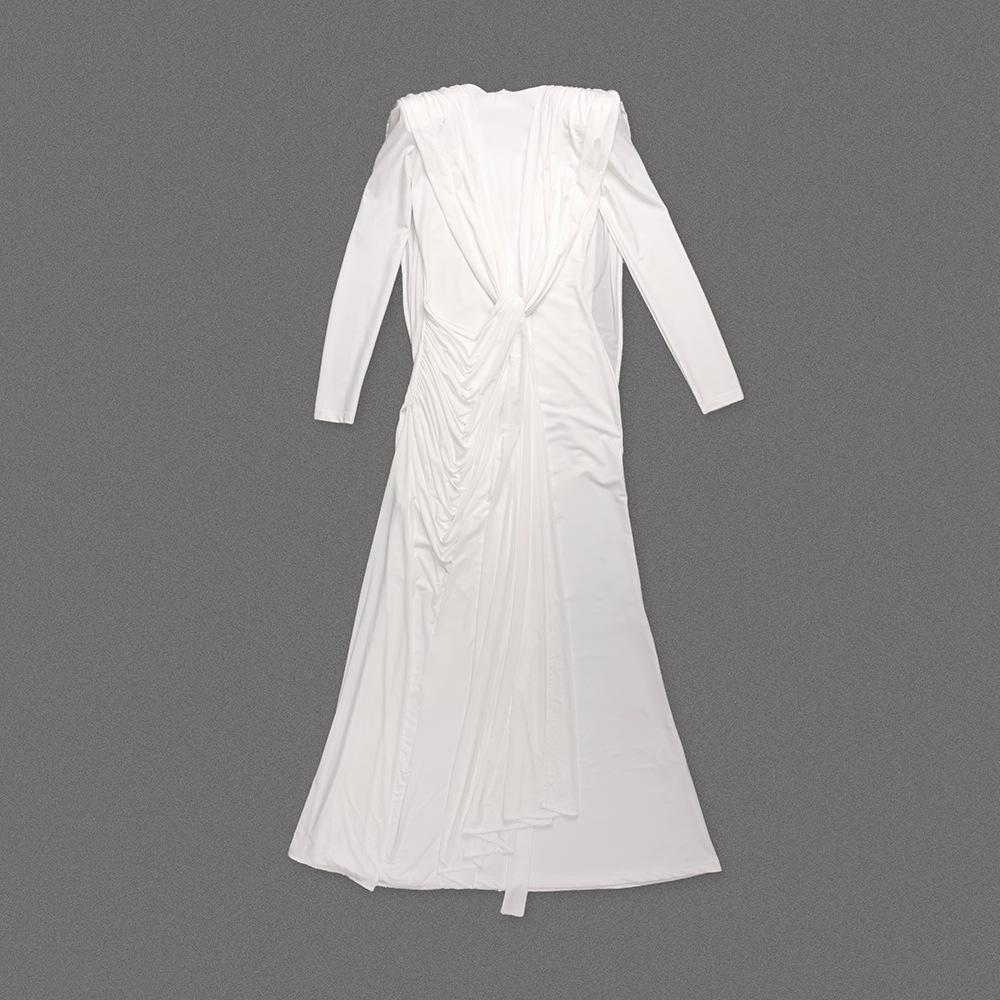 White High-Neck Long-Sleeve Formal Dress with Artistic Chest Decoration
