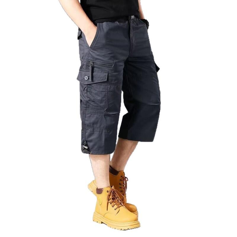 Men's Cargo Bermuda Shorts Multi Pocket Zipper Fly Solid Color Elastic Waist Casual Summer Shorts