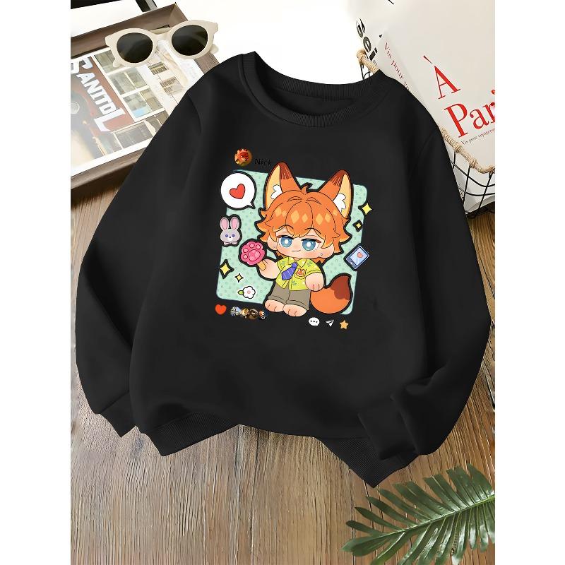 Kids Unisex Crewneck Sweatshirt, Cute Cartoon Fox Nick Rabbit Heart Print Long Sleeve Pullover, Soft Kids Sweatshirt For Boys Girls Over 4 Years Old