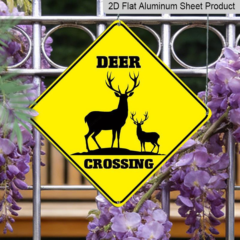 2D Flat 1pc, Funny Deer Crossing Sign - Metal Wall-Mountable Deer Warning Sign, Decor - Novelty Decoration with Deer Crossing Sign for Home & Use 20*20cm