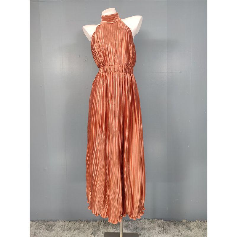 

Foreign Trade Order High Cold Goddess Temperament Stand Collar off-the-Shoulder Design Elastic Waist Pleated Pleat Bride Red Dress Long dress Pink Orange L