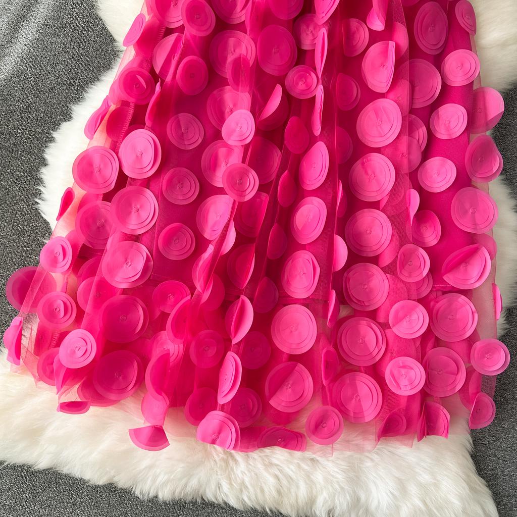 Letní Elegantní 3D Květinová S Vysokým Pasem Puntíky Dlouhá Midi Síťovaná Sukně