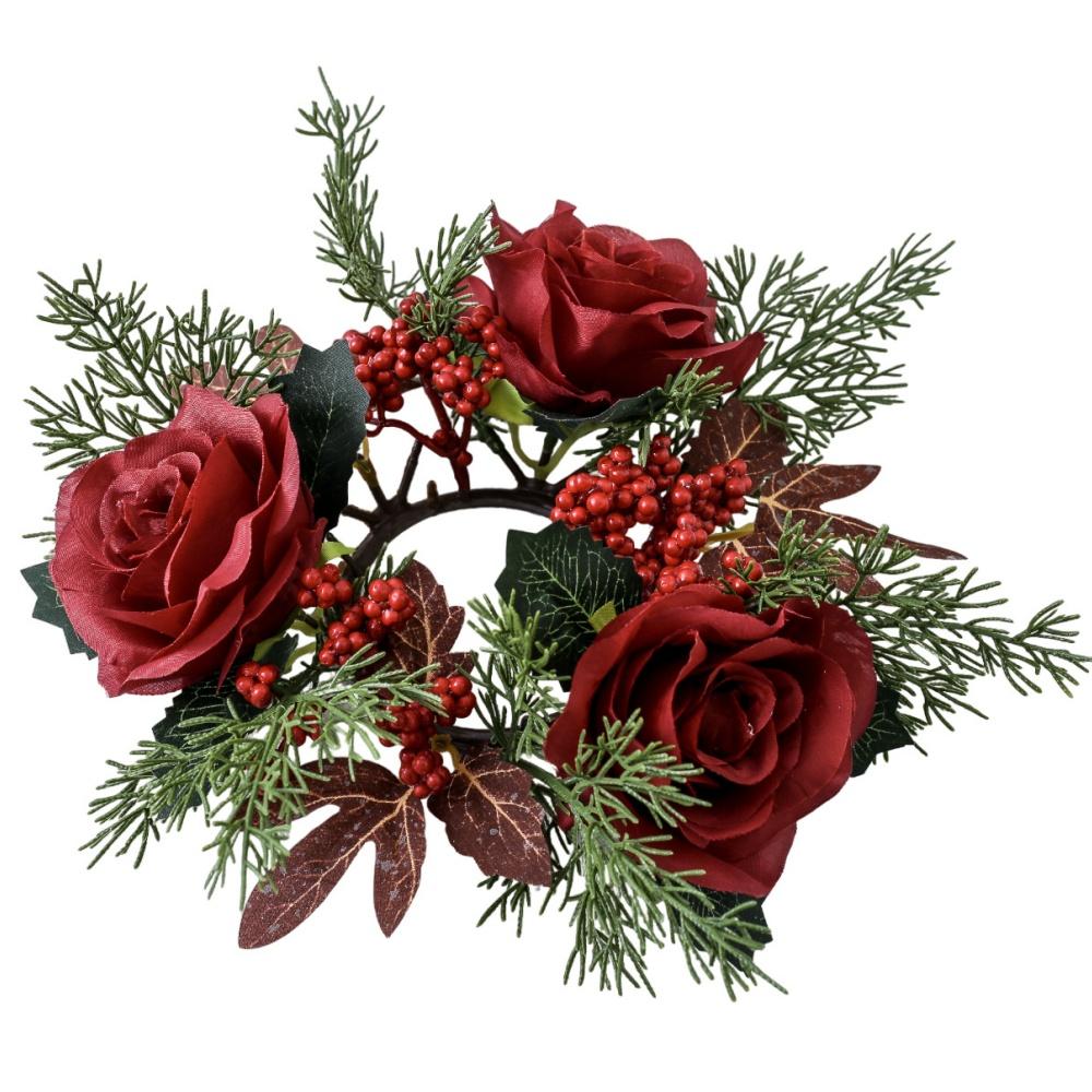 Christmas Candlestick Wreath Red Fruit Artificial Flowers Candle Ring Xmas New Year Table Decoration Candle Holder Garland