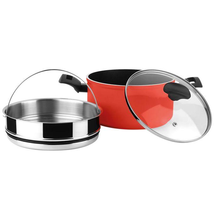 Faitout à vapeur - FAGOR - Maxima - 20 cm - Acier inoxydable - Couvercle en verre rouge