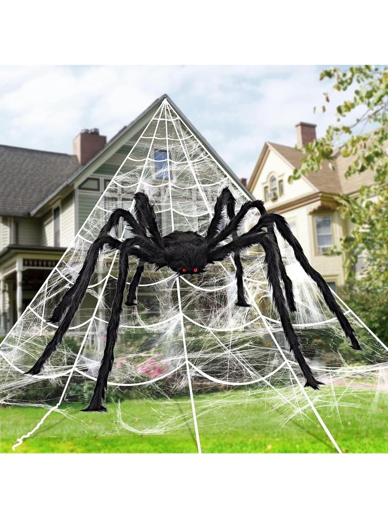 JOYFY Halloween 59‘’ Giant Spider with Spider Web Outside Decor Triangular Spiderweb 16.4 X 15.7 Ft and Stretchy Cobweb 100g
