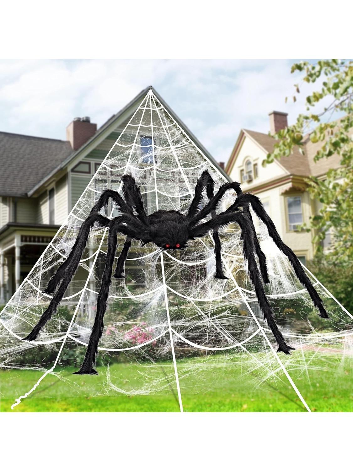 

JOYFY Halloween 59‘’ Giant Spider with Spider Web Outside Decor Triangular Spiderweb 16.4 x 15.7 ft and Stretchy Cobweb 100g