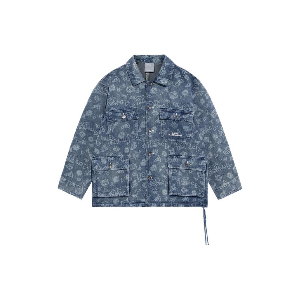 Li-Ning Skateboard Series Full Print Loose-Fit Washed Denim Jacket Men Outerwear Light-Blue AJDS047-1