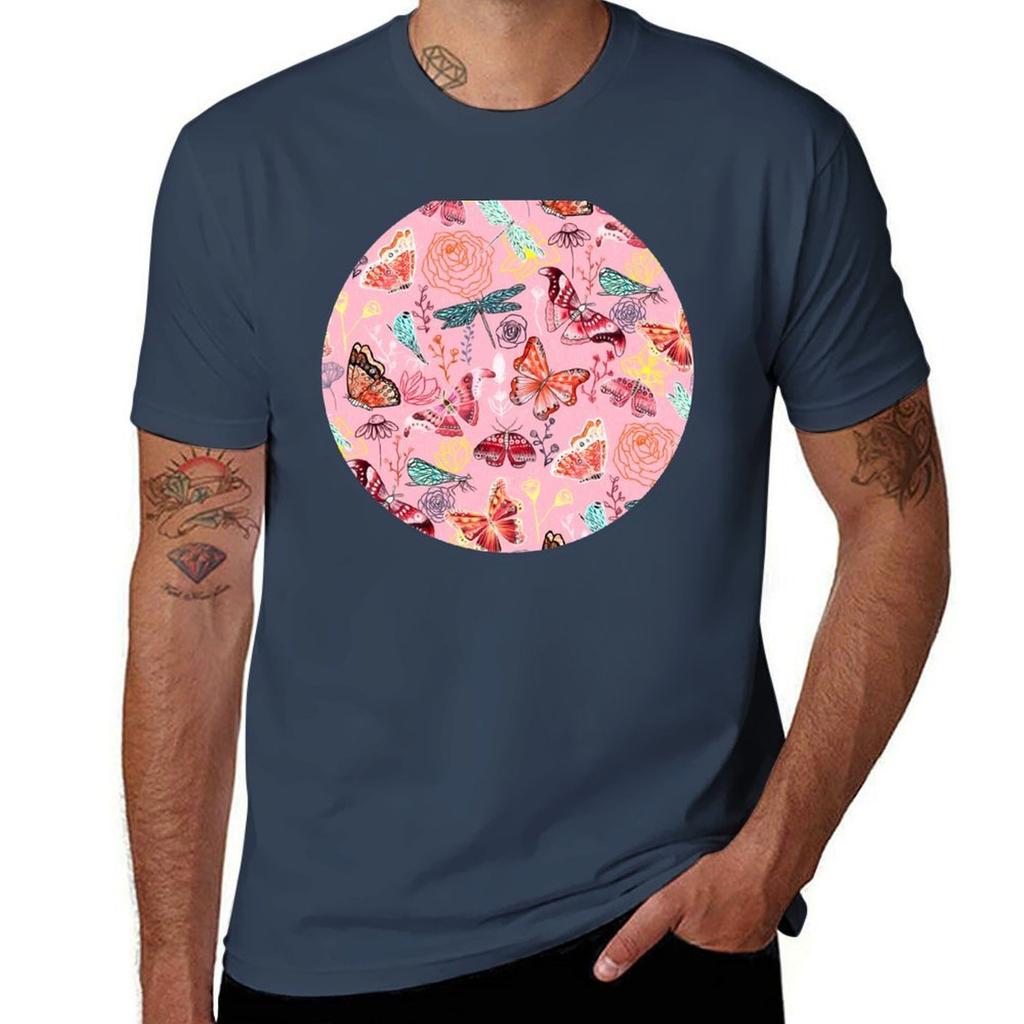 Dragonflies Butterflies Moths And Floral Design On Millennial Pink Tshirt Soft Stretch Short Sleeve Top