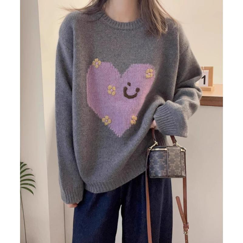 

Heart Jacquard Soft Knit Crew Neck Long Sleeve Sweater 2XL (suggested 125-135 jin) темно-синього кольору
