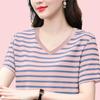 Sommer V-Ausschnitt Oberteil Baumwolle Gestreift Kurzarm T-Shirt Damen Locker T-Shirt
