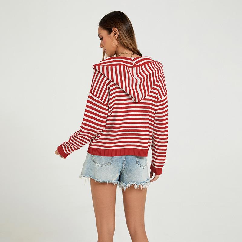Women S Striped Hooded Zip Knit Cardigan Loose Fit Long Sleeve Sweater