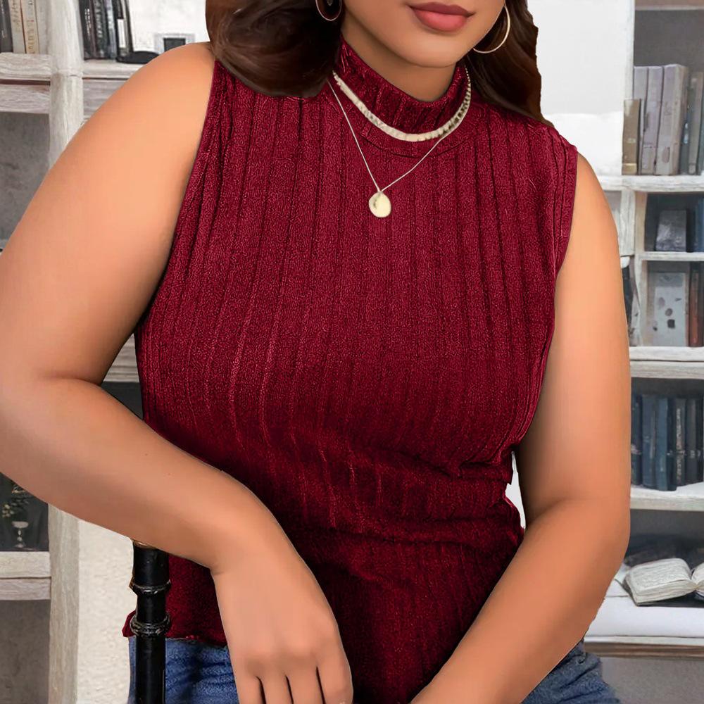 2026 Spring/Summer Plus Size Women's Knit Stretch Half High Neck Sleeveless Solid T-shirt