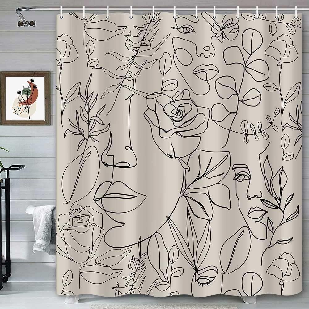 

Black Line Female Face Shower Curtain Floral Butterfly Silhouette Simple Art Aesthetic Bathroom Decorative Curtain Waterproof W90xH180cm